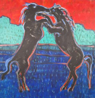 Acryl schilderij op doek, Maya Wildevuur, Vechtende paarden, 1996